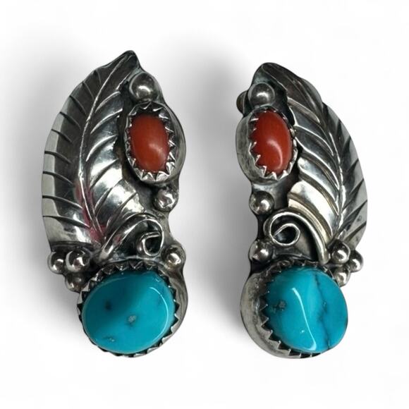 VTG Authentic Navajo Native American Sterling Silver Earrings Turquoise & Coral - Picture 1 of 5